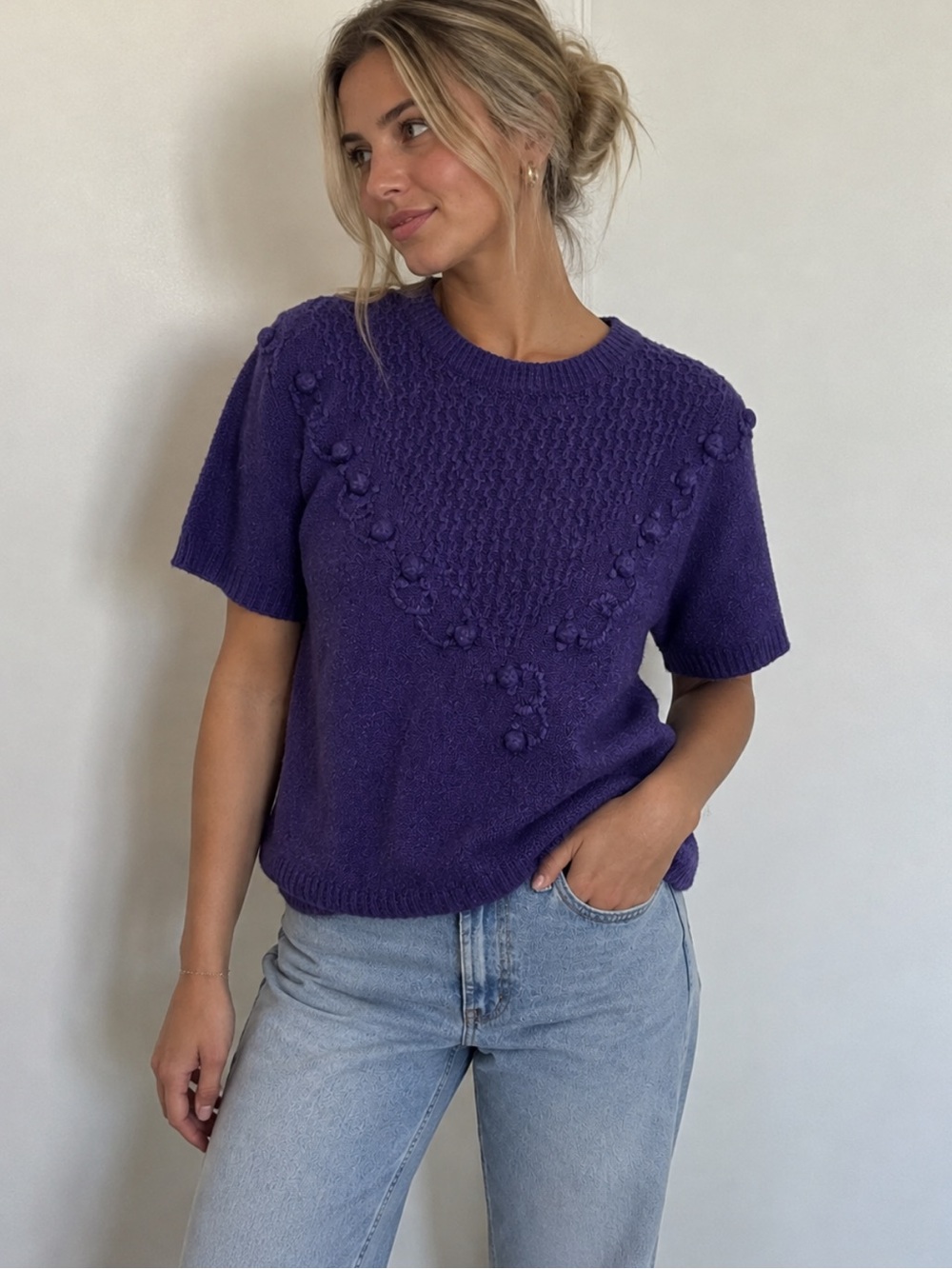 Vintage Barbara Beal Purple Knit Short Sleeve Sweater Top Size M 80s 90s